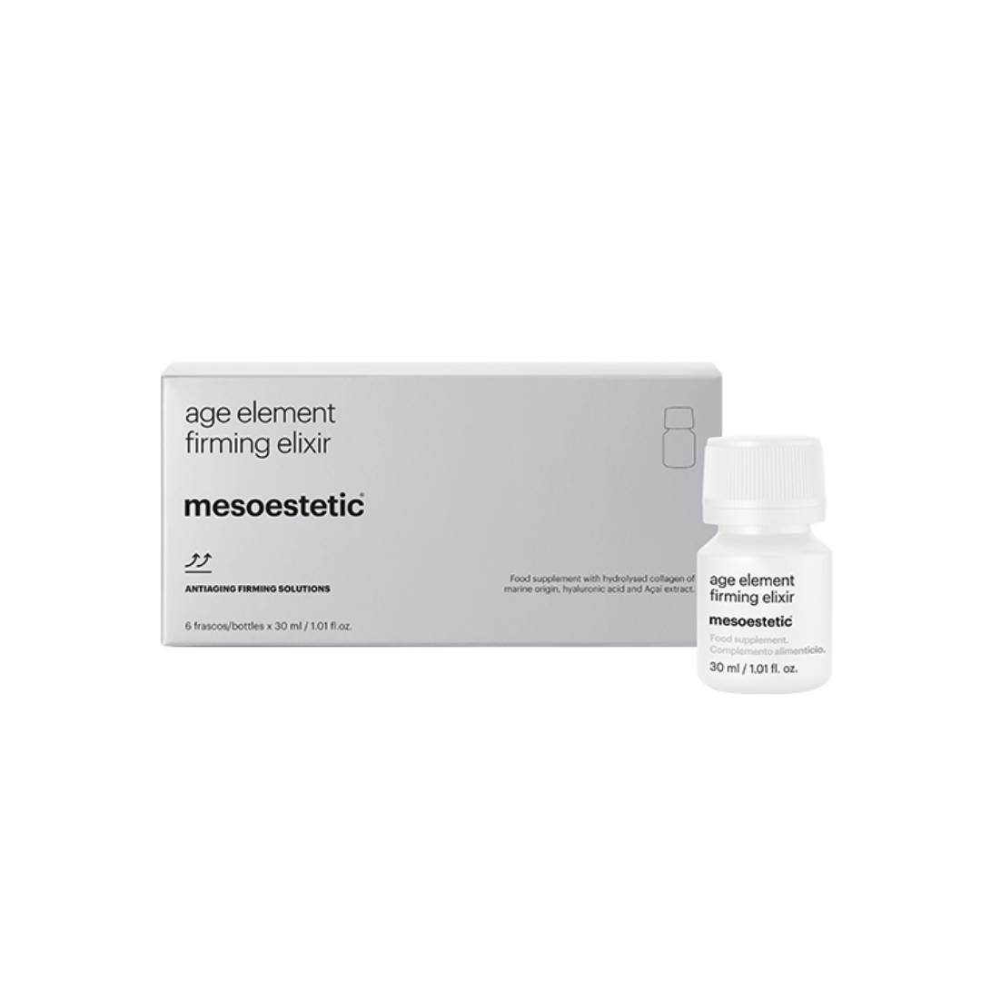 Mesoestetic Age Element Firming Elixir 30ml bottle with packaging. Contains marine collagen peptides, açai extract, and lycopene.