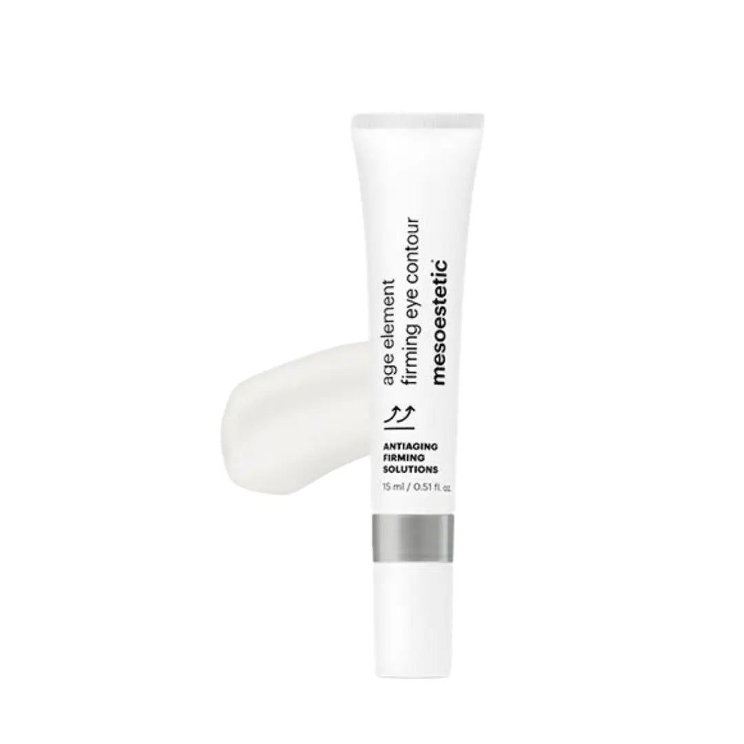 Tube of Mesoestetic Age Element Firming Eye Contour, 15ml, shown with cream texture, ideal for improving firmness and lifting the eye area.