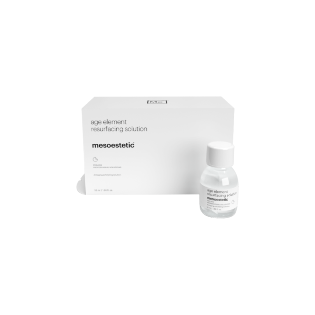 55ml Mesoestetic Age Element Resurfacing Solution with packaging, containing glycolic, maslinic, salicylic, and mandelic acids for enhanced radiance.