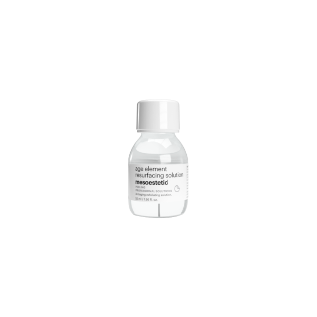 Single bottle of 55ml Mesoestetic Age Element Resurfacing Solution with AHA and BHA acids for skin renewal and improved texture.