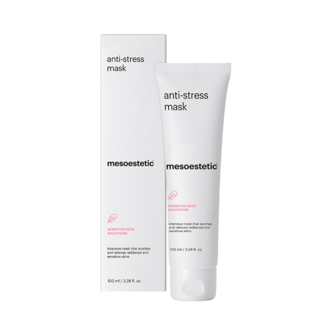 Mesoestetic Anti-Stress Mask in white tube and box, soothes irritation, redness, suitable for sensitive skin.