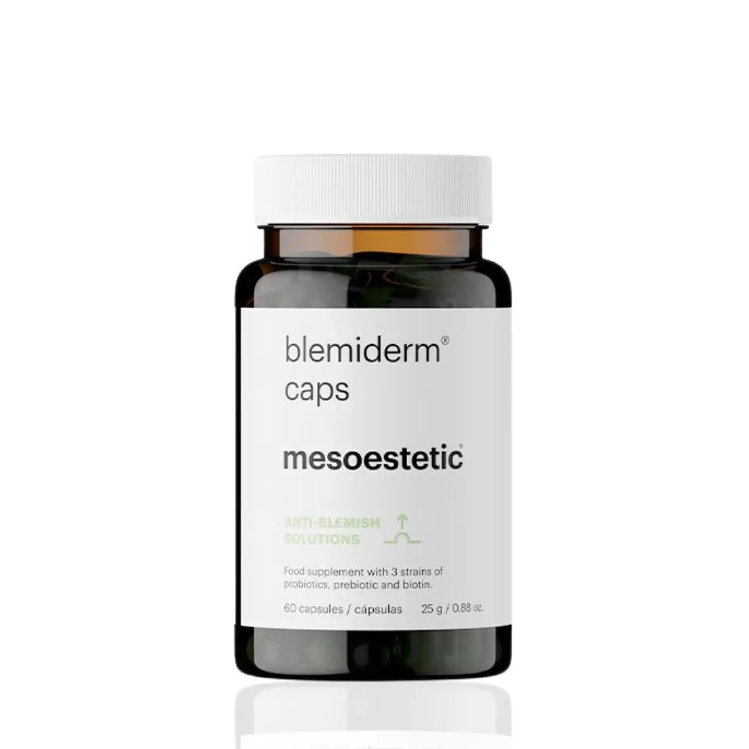 A bottle of Mesoestetic Blemiderm Caps containing 60 capsules, designed to support skin balance and reduce imperfections.