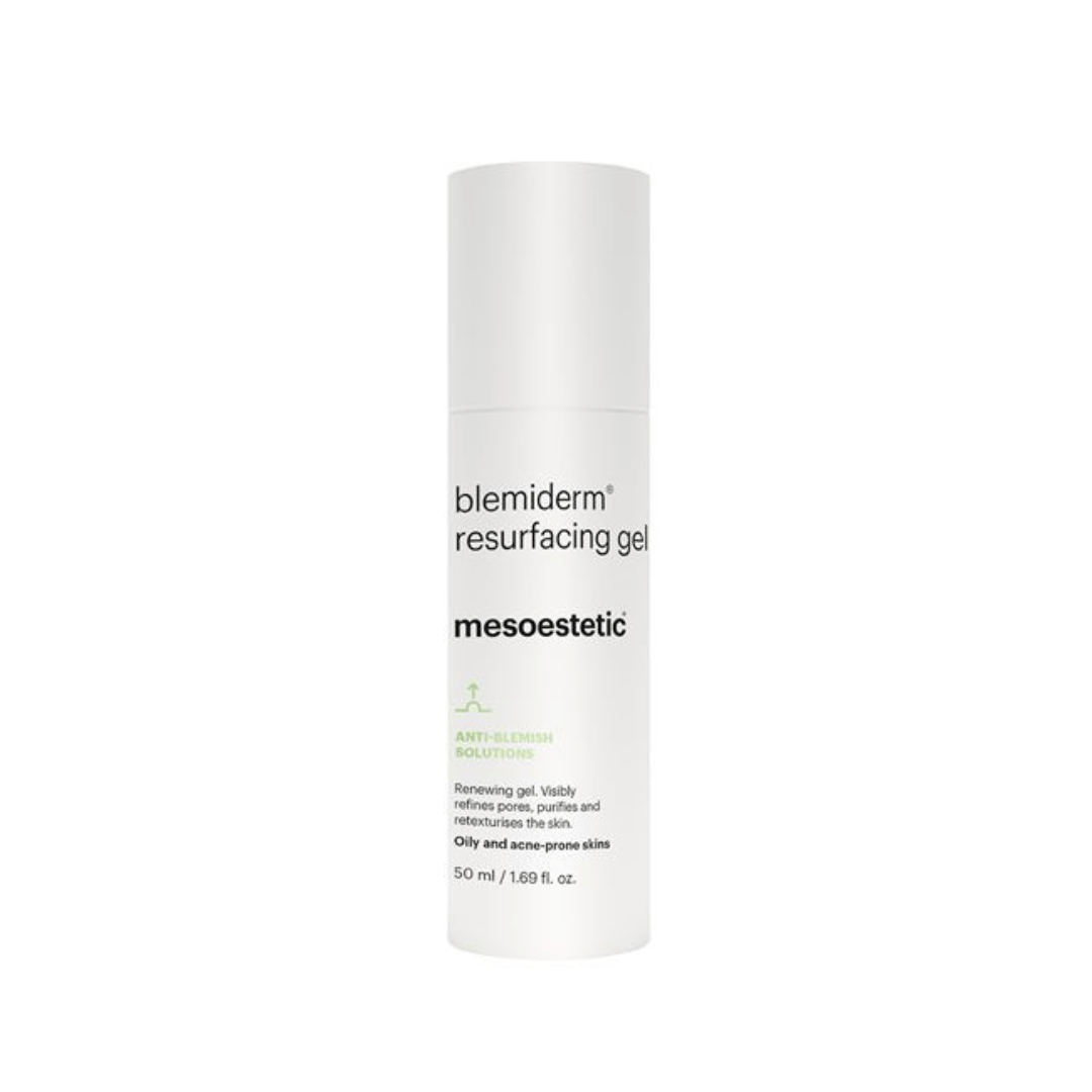 Mesoestetic Blemiderm Resurfacing Gel in white bottle, targets oily and acne-prone skin.