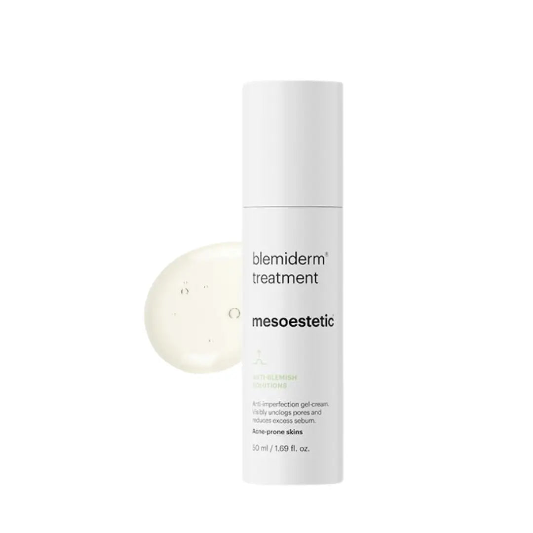 Bottle of Mesoestetic Blemiderm Treatment, 50ml, shown with gel texture, ideal for refining pores and maintaining a clear complexion.