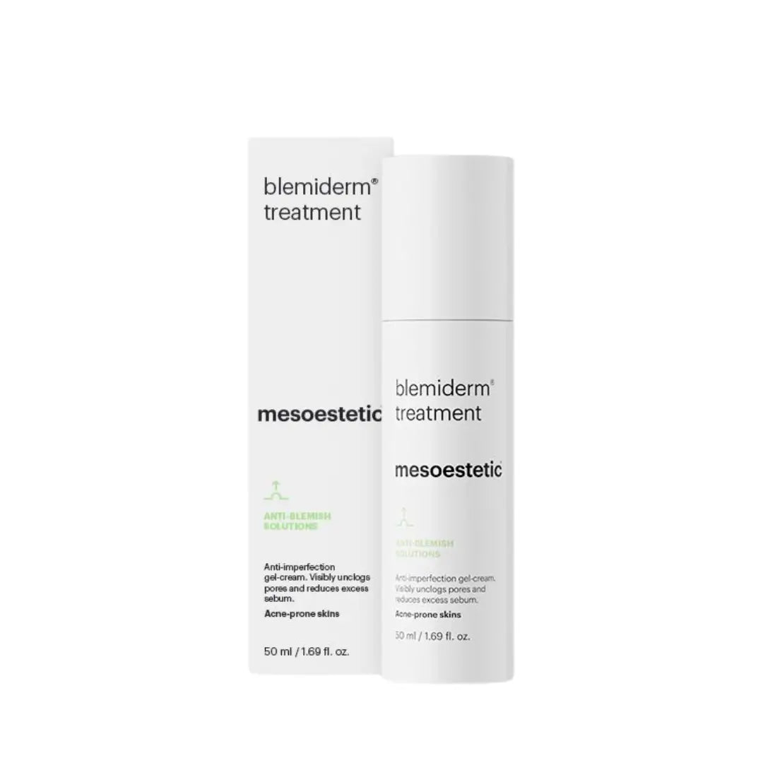 Box and bottle of Mesoestetic Blemiderm Treatment, 50ml, designed to reduce blemishes, balance oil levels, and improve skin clarity.