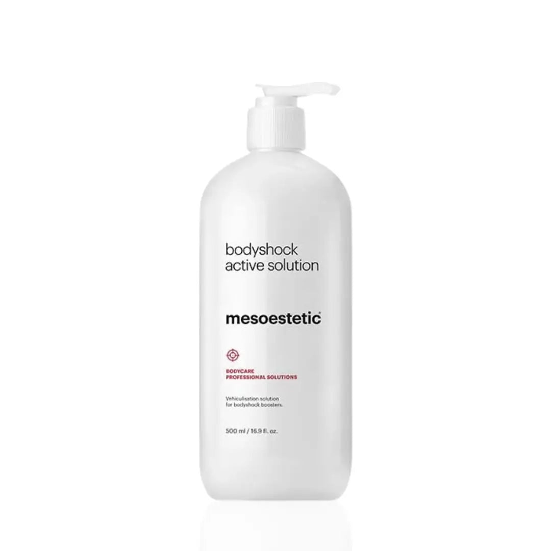 500ml bottle of Mesoestetic Bodyshock Active Solution, a liquid body care product designed to refine skin texture and enhance targeted treatments.