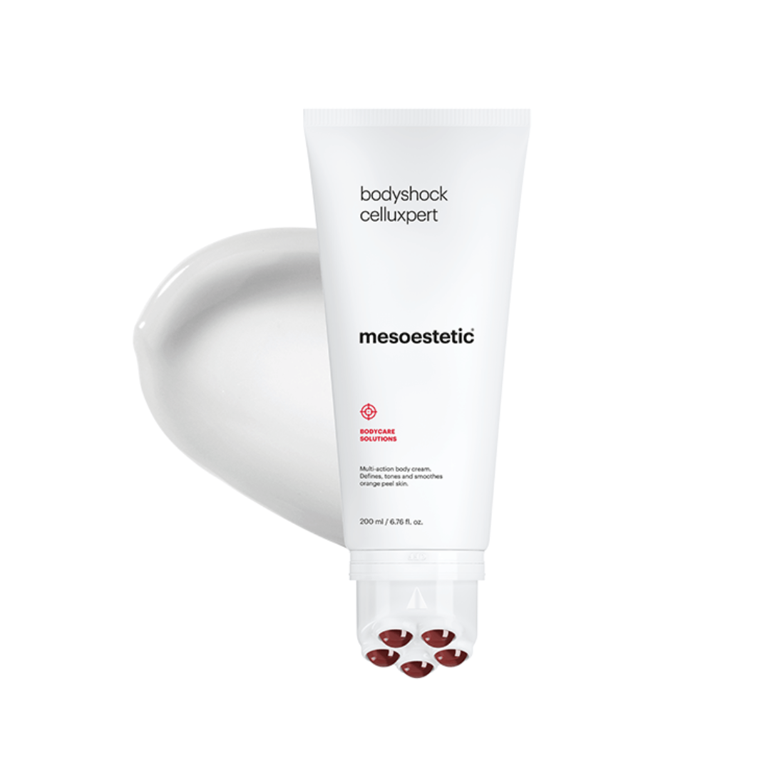 Squeezed tube of Mesoestetic Bodyshock Celluexpert, roll-on application, enhances absorption.