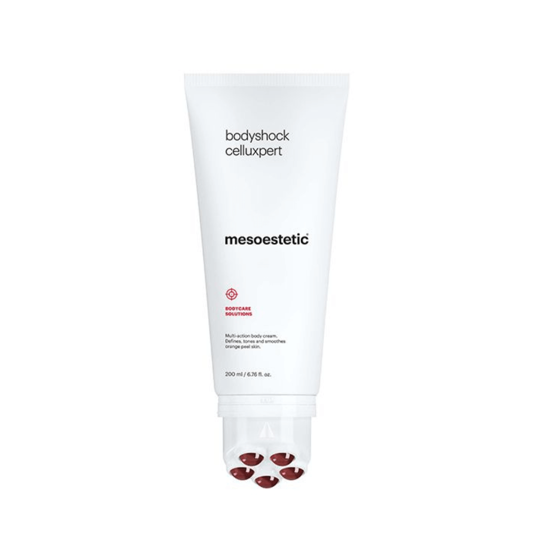 Mesoestetic Bodyshock Celluexpert body cream tube, refreshes and smooths skin.