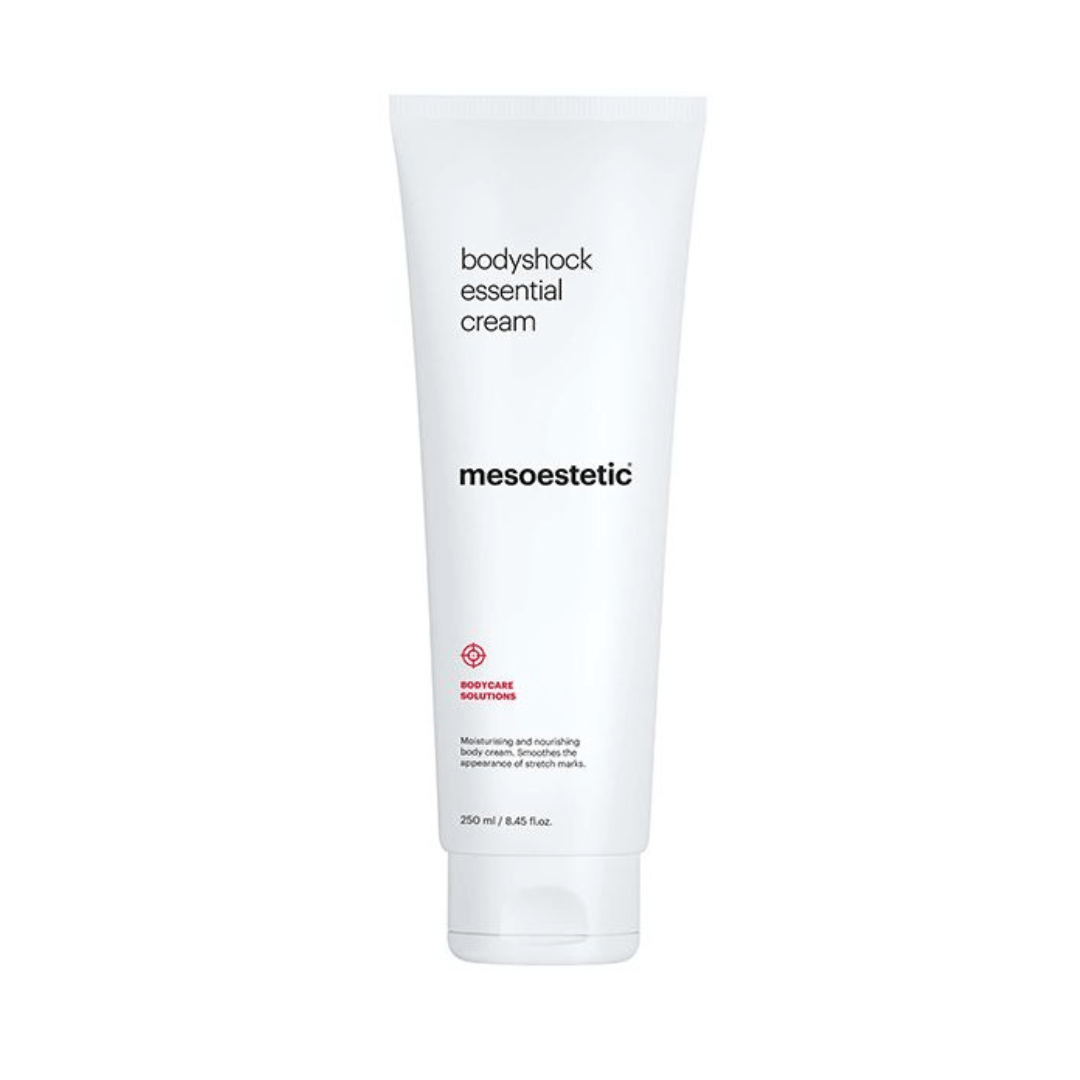 Mesoestetic Bodyshock Essential Cream tube, nourishing and quick-absorbing, for smooth skin.