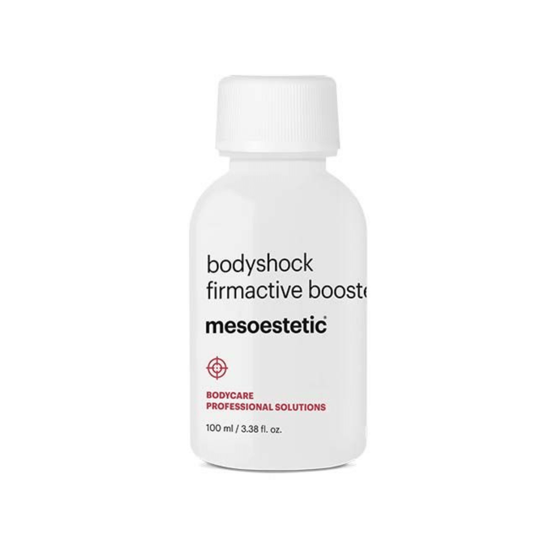 Mesoestetic Bodyshock Firmactive Booster bottle, 100ml, enhances skin firmness with natural extracts.