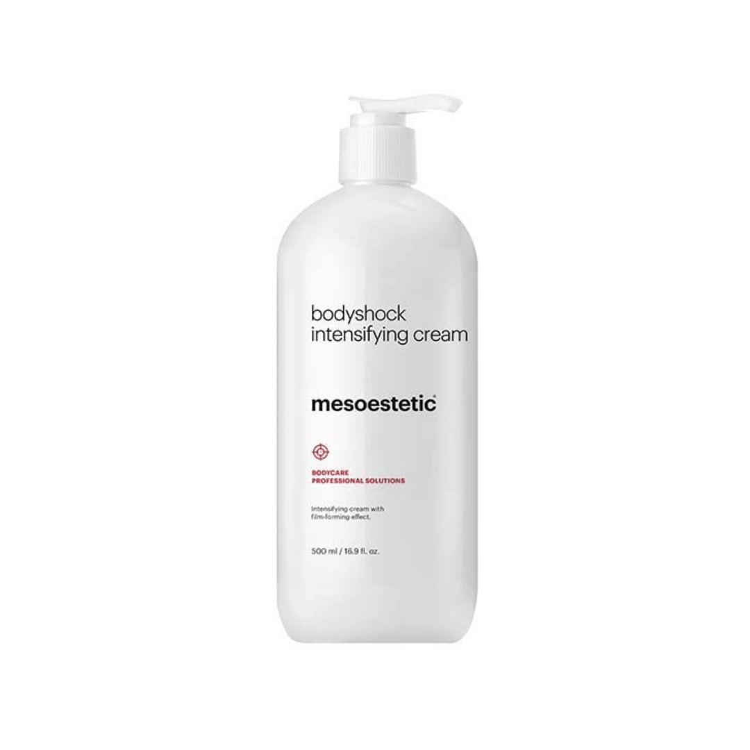 Mesoestetic Bodyshock Intensifying Cream in large pump bottle, 500ml, enhances and prolongs body care effects.