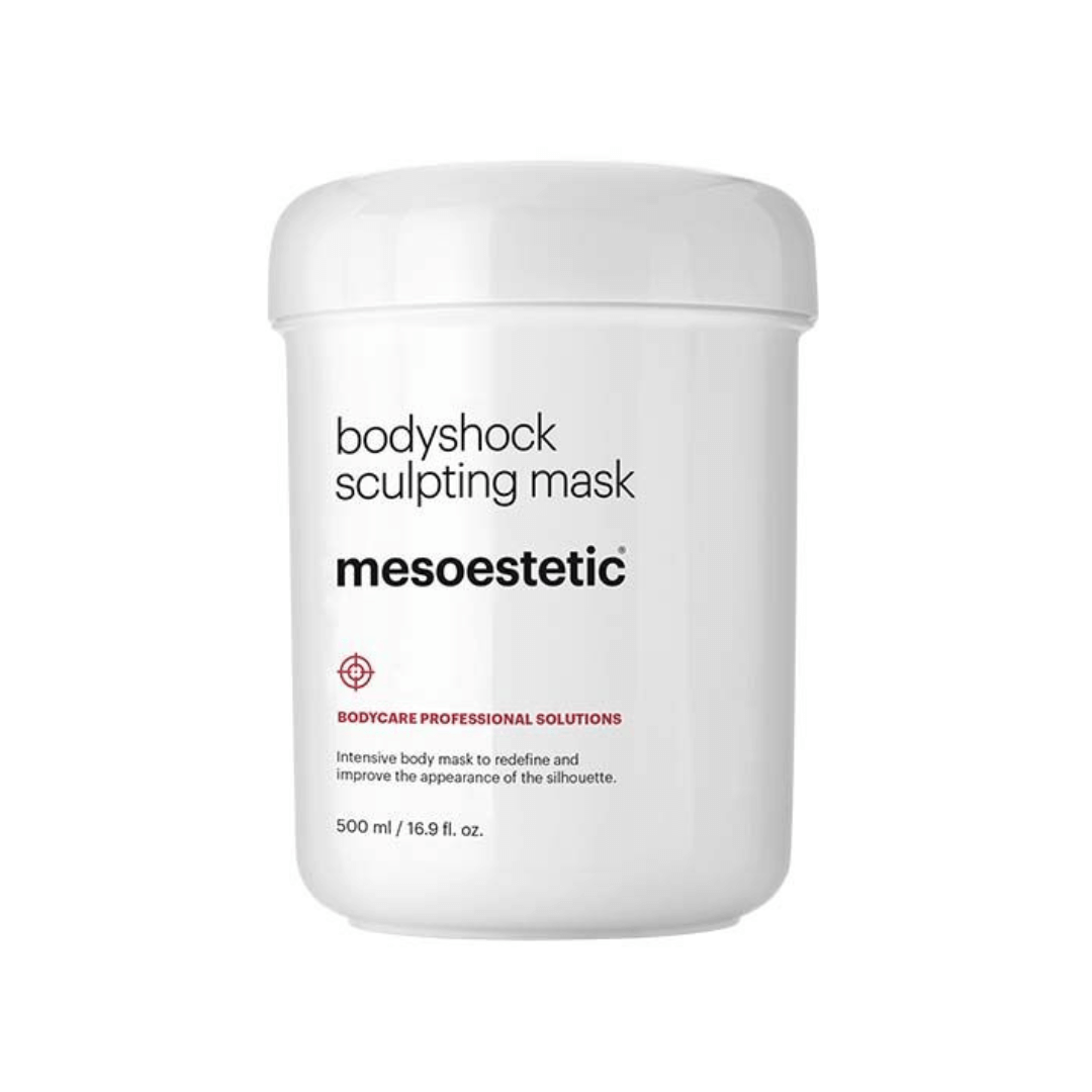 Large white container of Mesoestetic Bodyshock Sculpting Mask, 500ml, redefines silhouette with active ingredients.