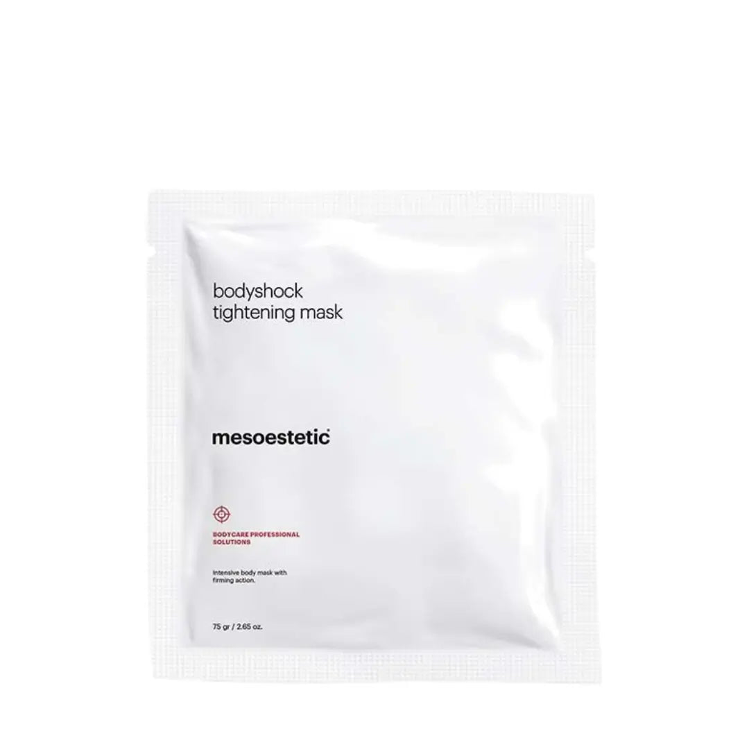 Single sachet of Mesoestetic Bodyshock Tightening Mask, 75g, designed to smooth and moisturize the skin while promoting a firmer and refreshed look.