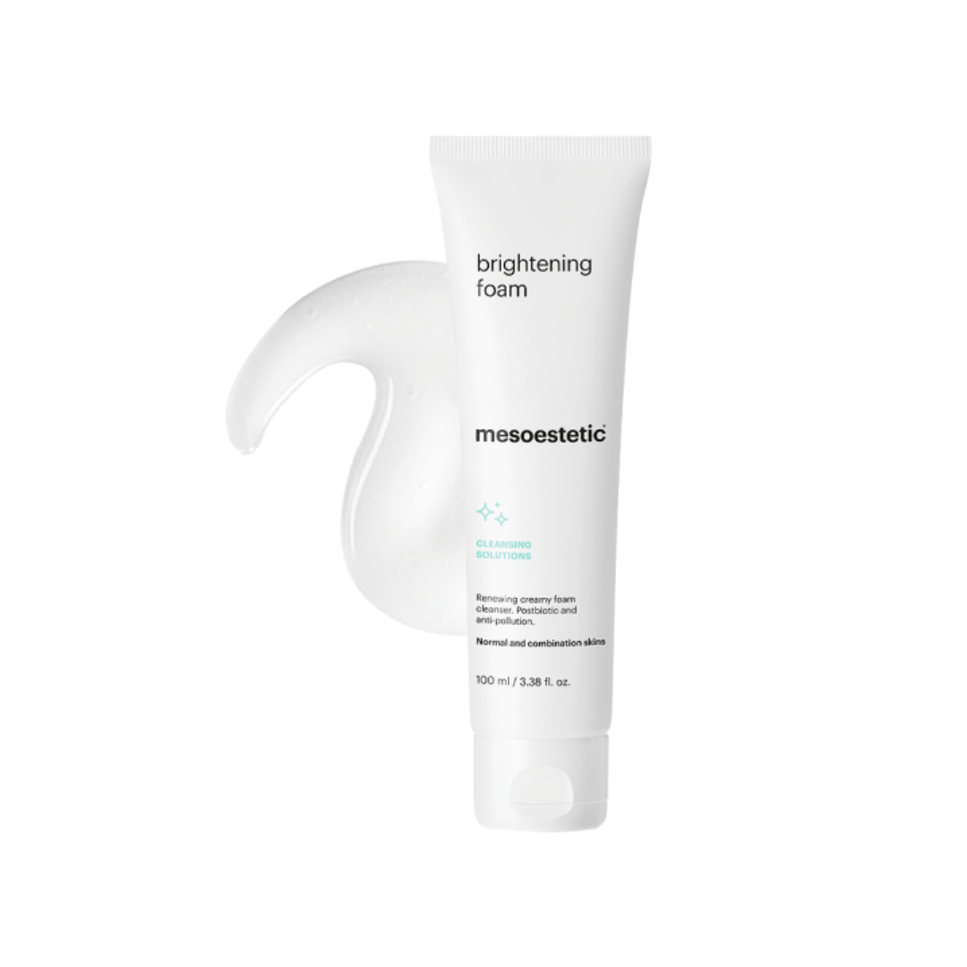 Mesoestetic Brightening Foam tube with creamy foam texture, 100ml, AHA cleanser, renews and brightens skin.