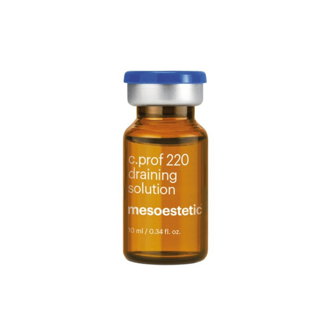 Mesoestetic C.Prof 220 Draining Solution bottle, 10ml. Decongestant, antioxidant, and firming effects with melilot and Ginkgo Biloba.