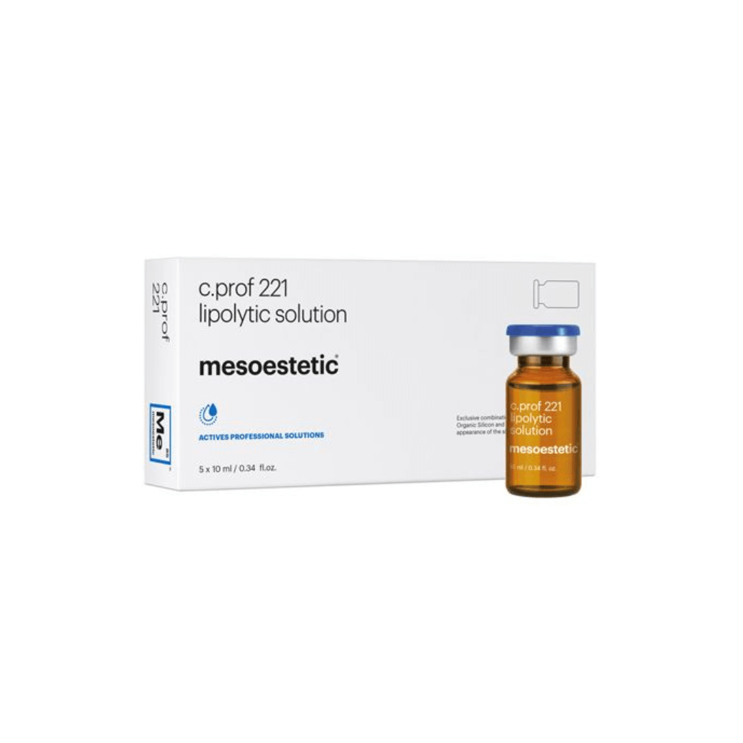 Mesoestetic C.Prof 221 Lipolytic Solution box with 5 x 10ml vials, with one vial beside the box. Reduces localized fat deposits.