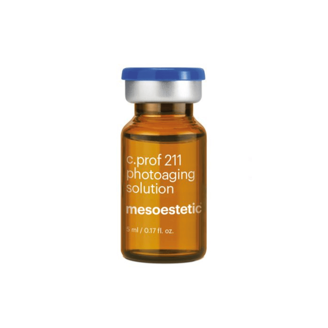 Single vial of Mesoestetic C.Prof 211 Photoaging Solution, 5ml, supports skin health and hydration with hyaluronic acid and antioxidants.