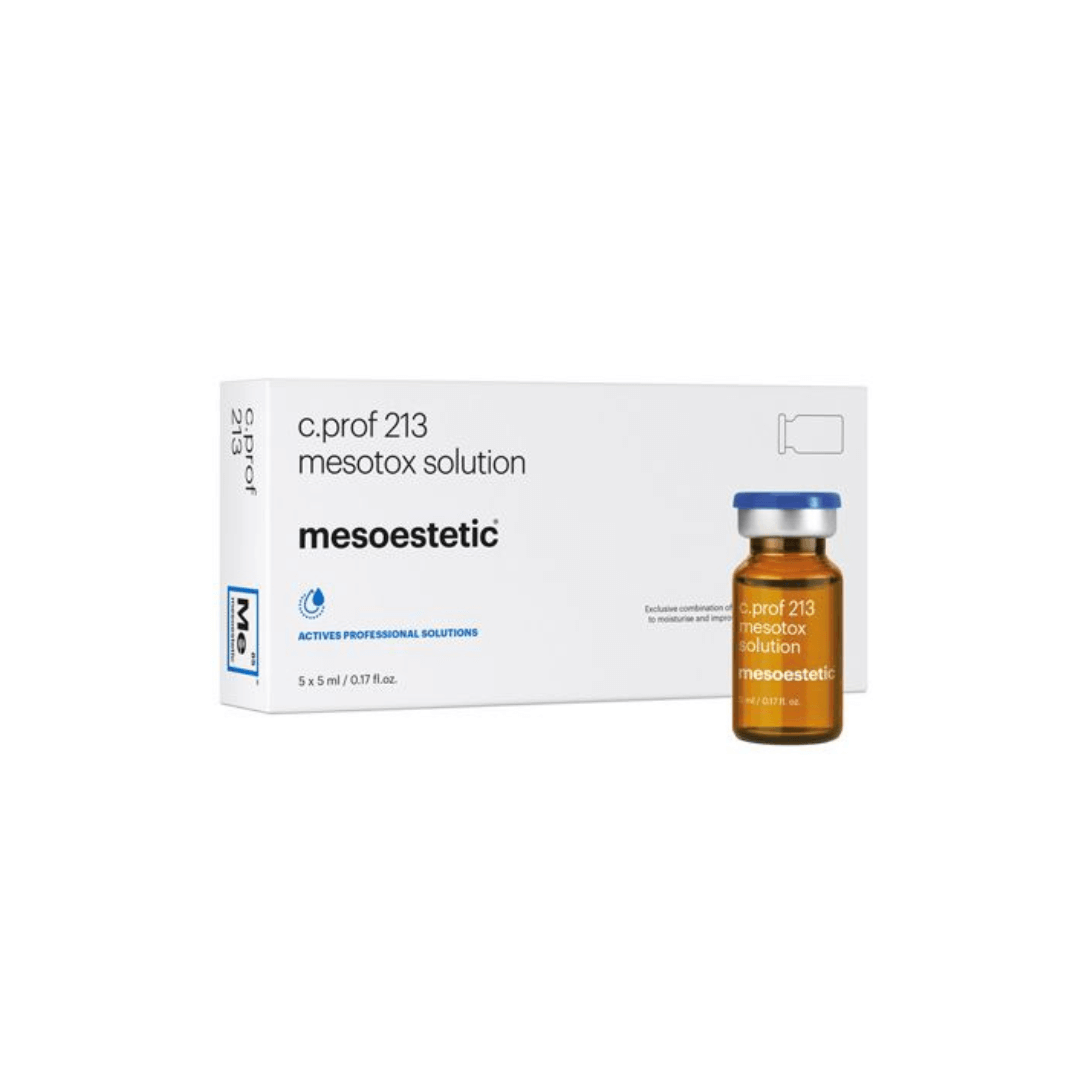 Mesoestetic C.Prof 213 Mesotox Solution box and bottle, 5ml each. Peptide blend for reducing expression wrinkles on the forehead and around the eyes.