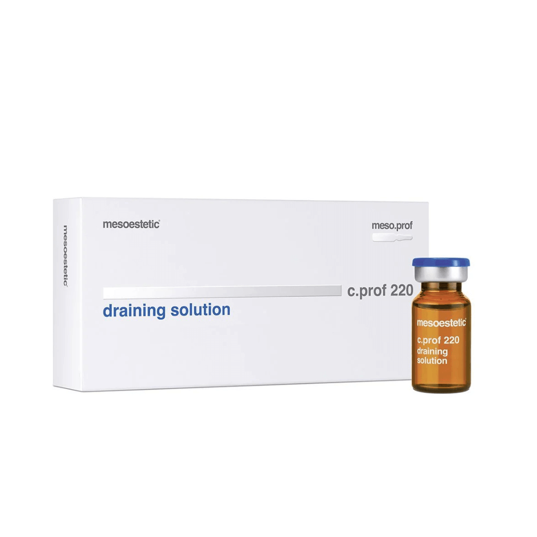 Mesoestetic C.Prof 220 Draining Solution box, 5 x 10ml vials, with one vial beside the box. Draining and firming effects.