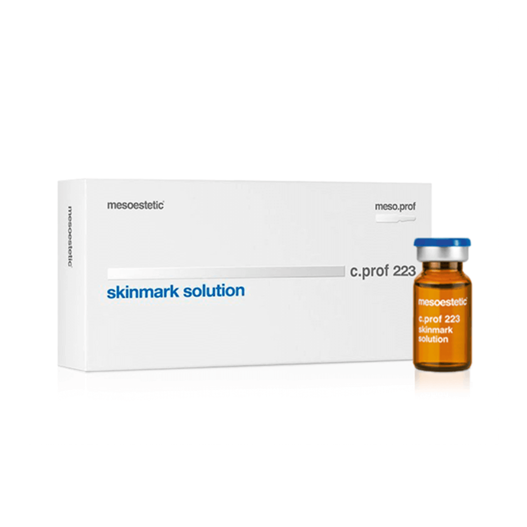 Mesoestetic C.Prof 223 Skinmark Solution box with 5 x 10ml vials, one vial beside the box. Enhances skin with stretch marks and acne scars.