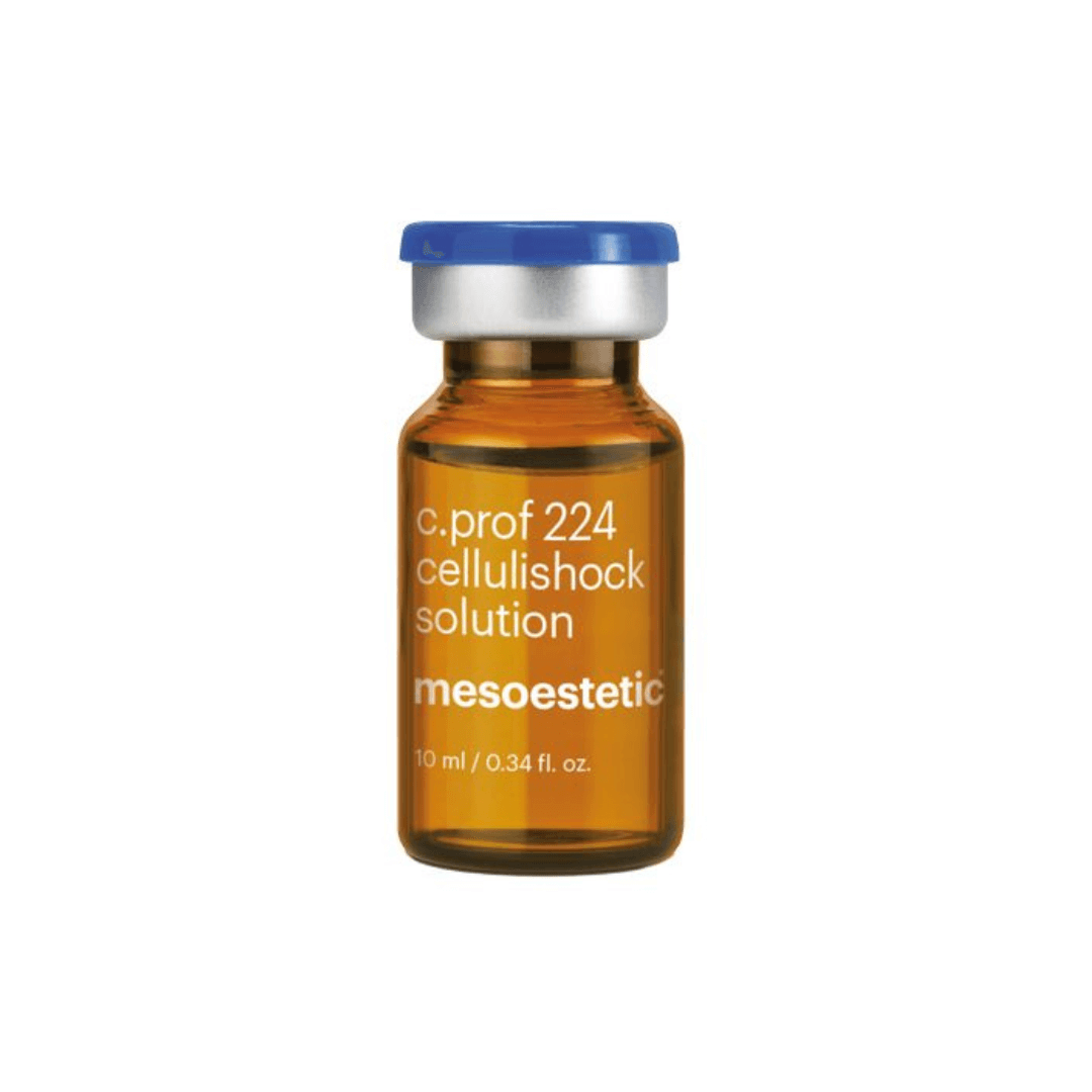 Mesoestetic C.Prof 224 Cellulishock Solution bottle, 10ml. Formulated with caffeine, rutin, and carnitine to smooth skin.