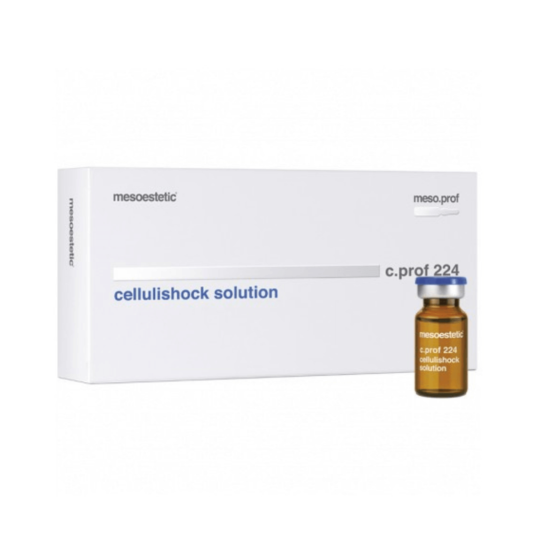 Mesoestetic C.Prof 224 Cellulishock Solution box with 5 x 10ml vials, one vial beside the box. Contains caffeine, rutin, and carnitine for smoother skin.