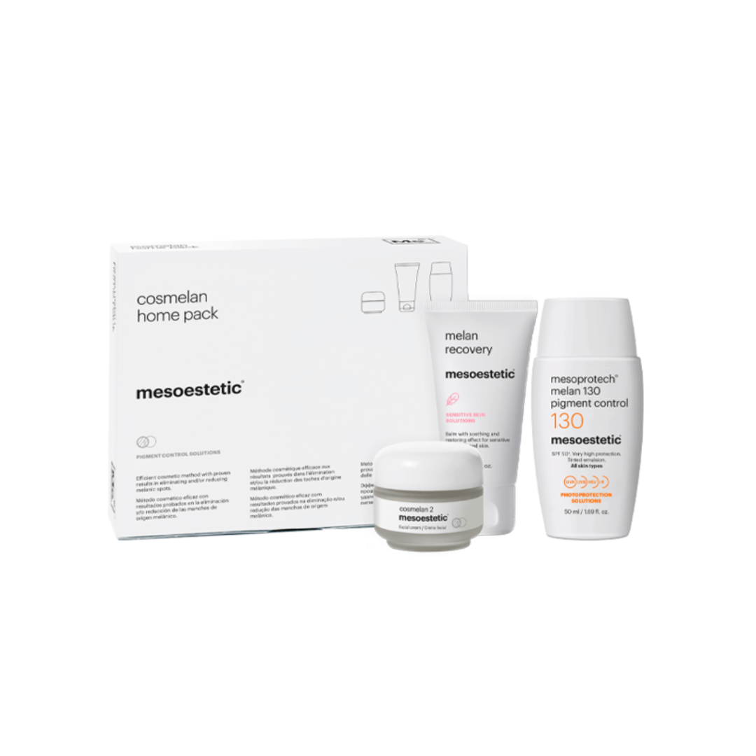 Mesoestetic Cosmelan Home Pack with cosmelan 2 cream, melan recovery balm, and melan 130 pigment control SPF 50+. Depigmenting action.