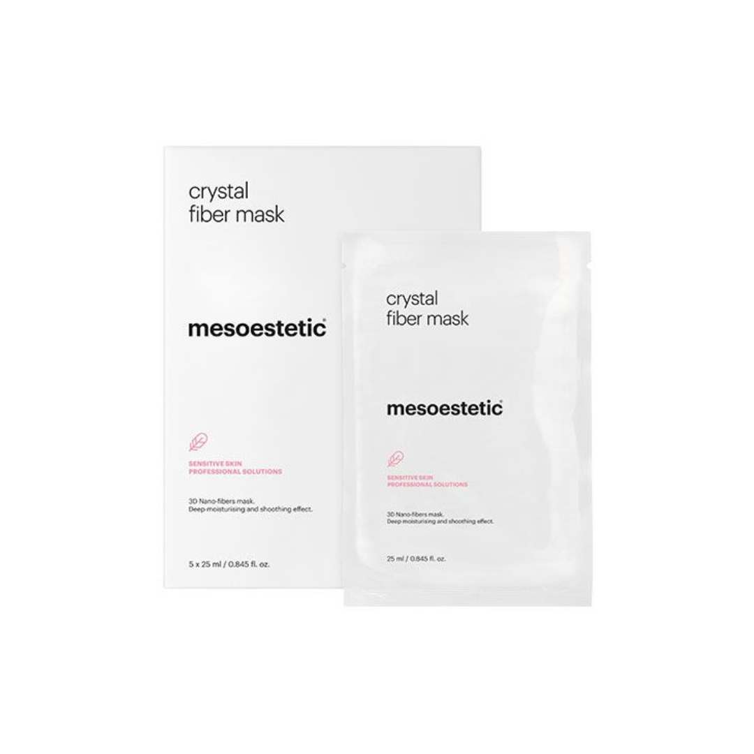 Mesoestetic Crystal Fiber Mask box with 5 x 25ml masks. Enhances cell renewal and skin hydration for sensitive skin.