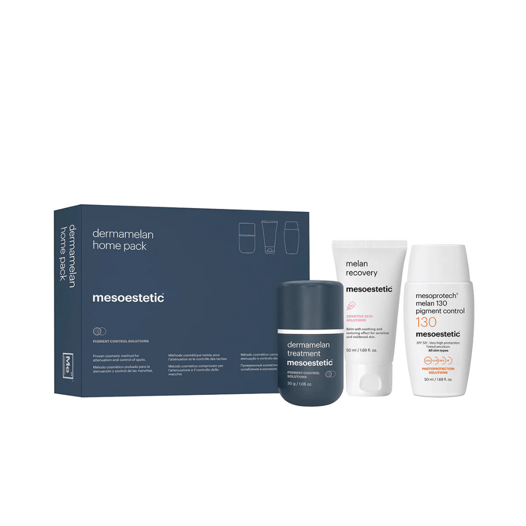 Mesoestetic Dermamelan Home Pack with Dermamelan Treatment, Melan Recovery, and Mesoprotech Melan 130+. Effective for melasma and hyperpigmentation.