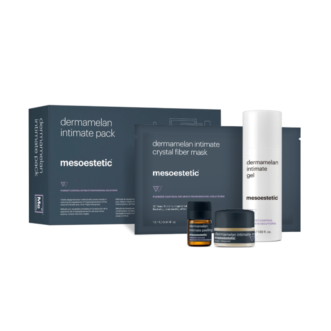 Mesoestetic Dermamelan Intimate Pack with gel, mask, peeling, and neutralizing spray. Professional depigmentation for intimate areas.