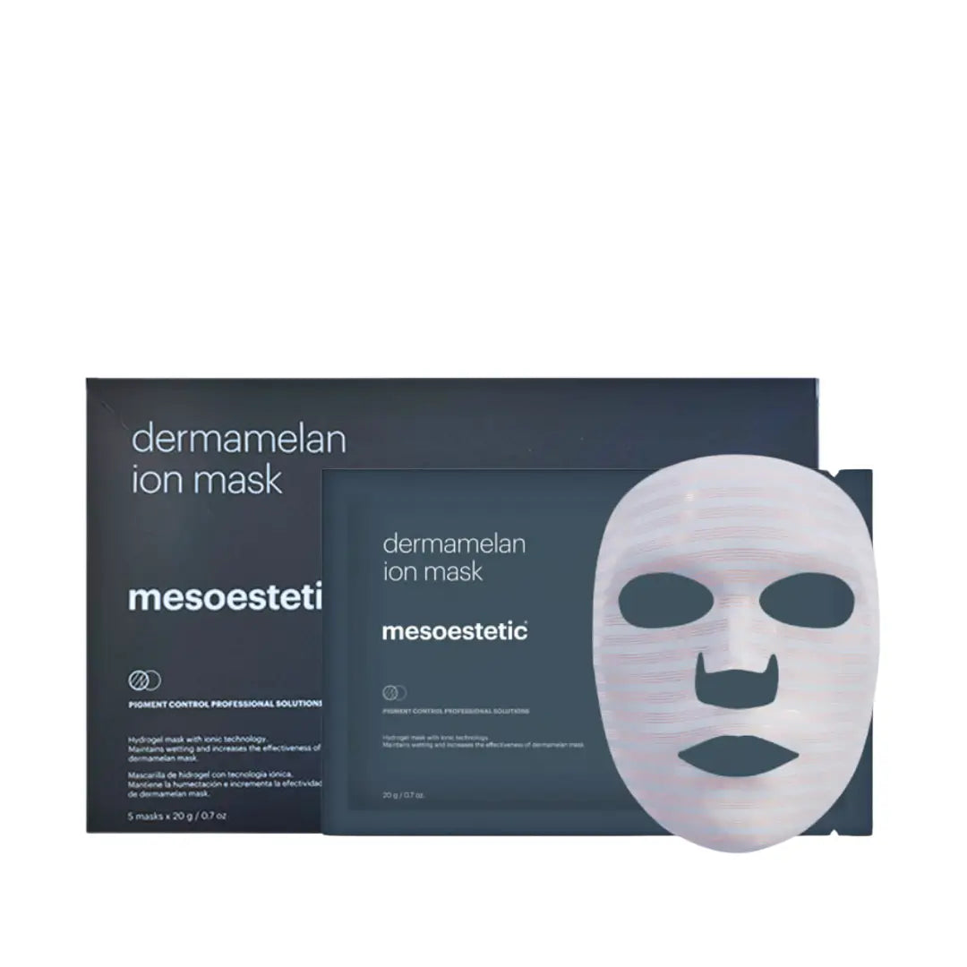 Mesoestetic Dermamelan Ion Mask packaging and sheet mask, includes 5 masks, designed to boost hydration and refresh skin.