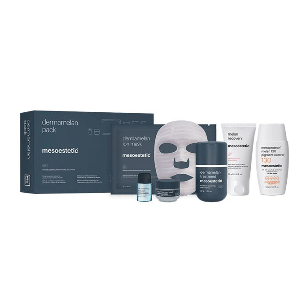 Mesoestetic Dermamelan Pack with mask, treatment, recovery cream, and pigment control SPF. Removes spots and controls hyperpigmentation.