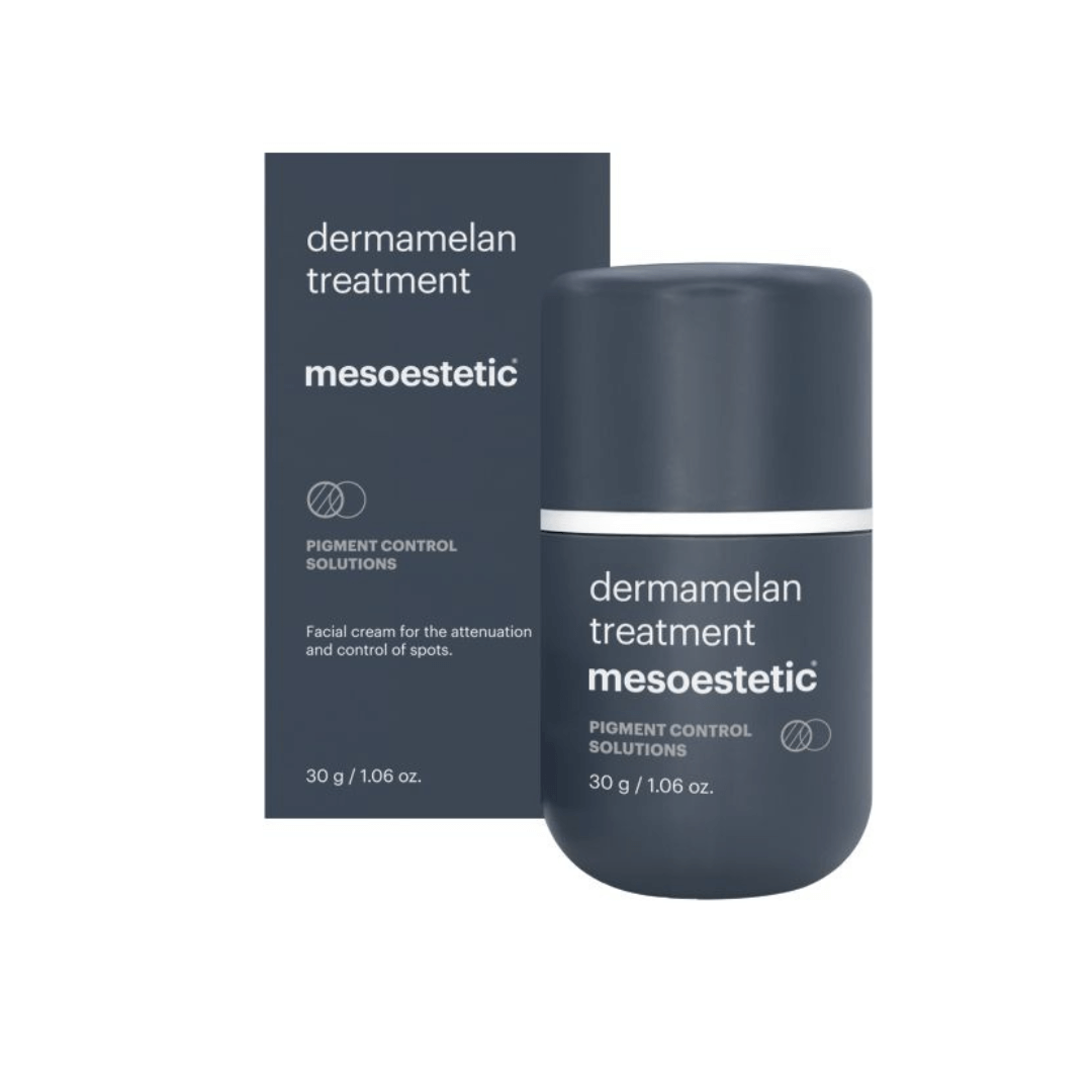 Mesoestetic Dermamelan Treatment dark blue bottle, 30g, with white label and text, next to matching box.