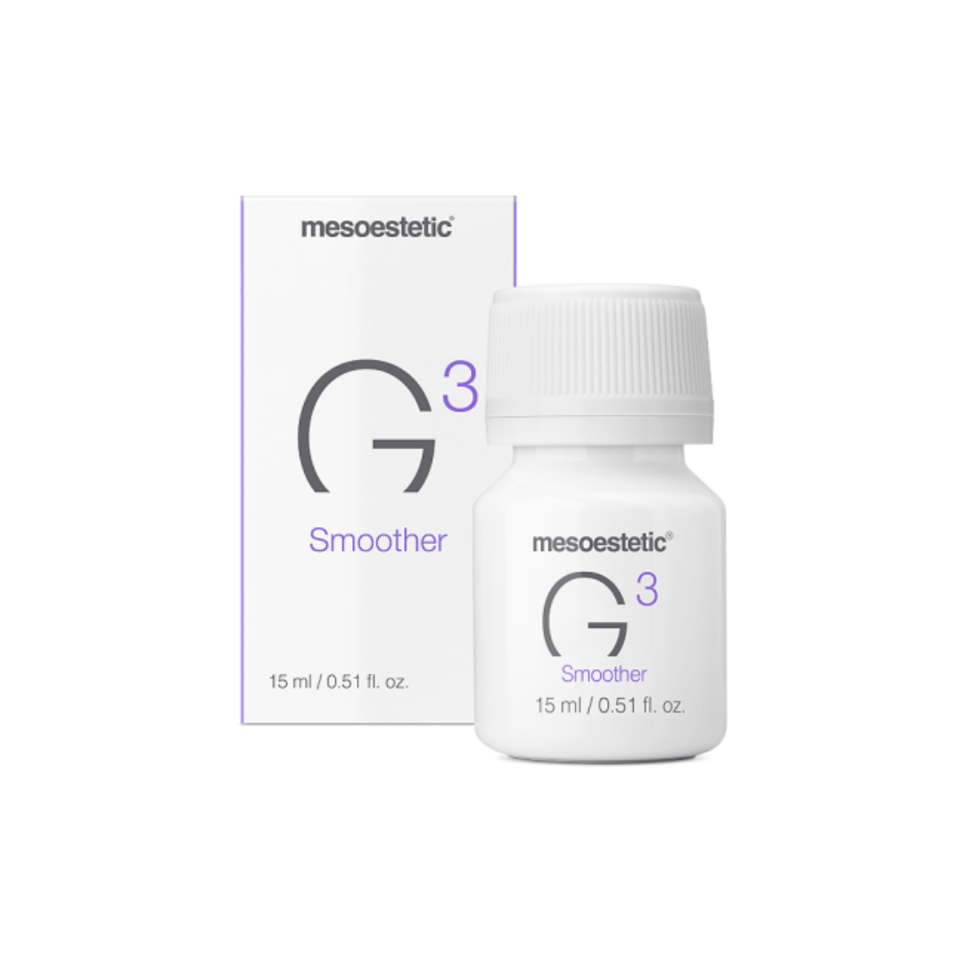 Mesoestetic Genesis G3 Smoother, 15ml bottle with violet label, reduces skin sensitivity and inflammation.