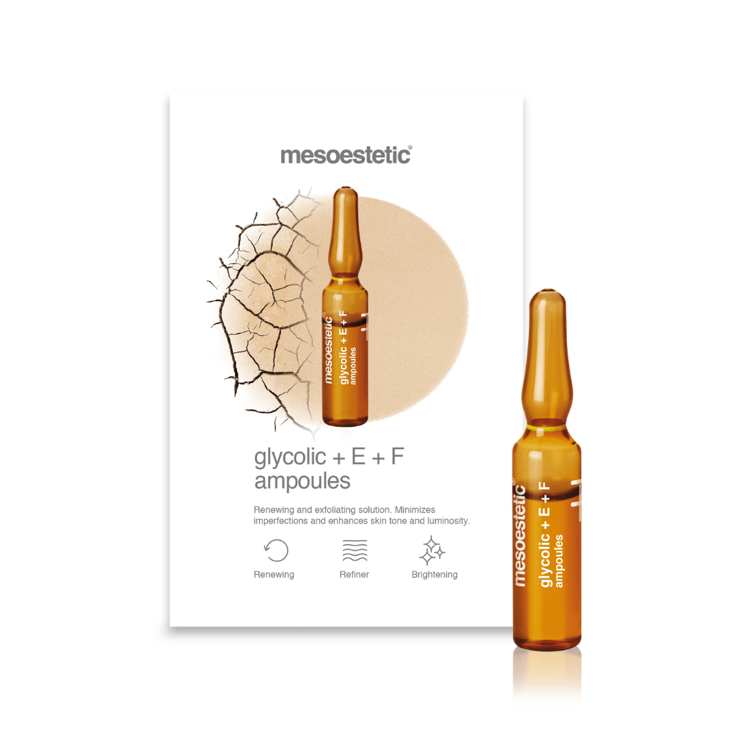 Mesoestetic Glycolic + E + F Ampoules packaging and vials, weekly skin renewal treatment for all skin types.