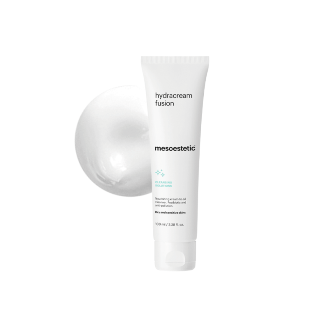 Mesoestetic Hydracream Fusion cream sample beside tube, balances and protects skin with biotechnological ingredients.