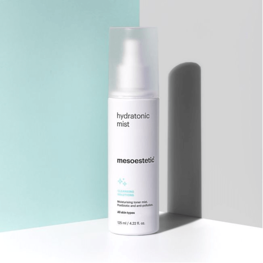 Mesoestetic Hydratonic Mist 125ml, anti-pollution and moisturizing facial toner, displayed against a modern background.