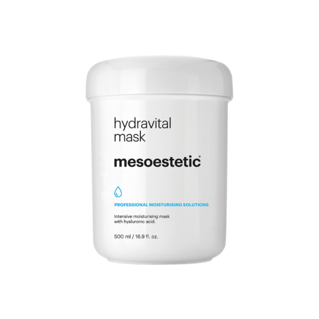 Mesoestetic Hydravital Mask 500ml jar, intensive moisturizing mask with hyaluronic acid for dry and dehydrated skin.