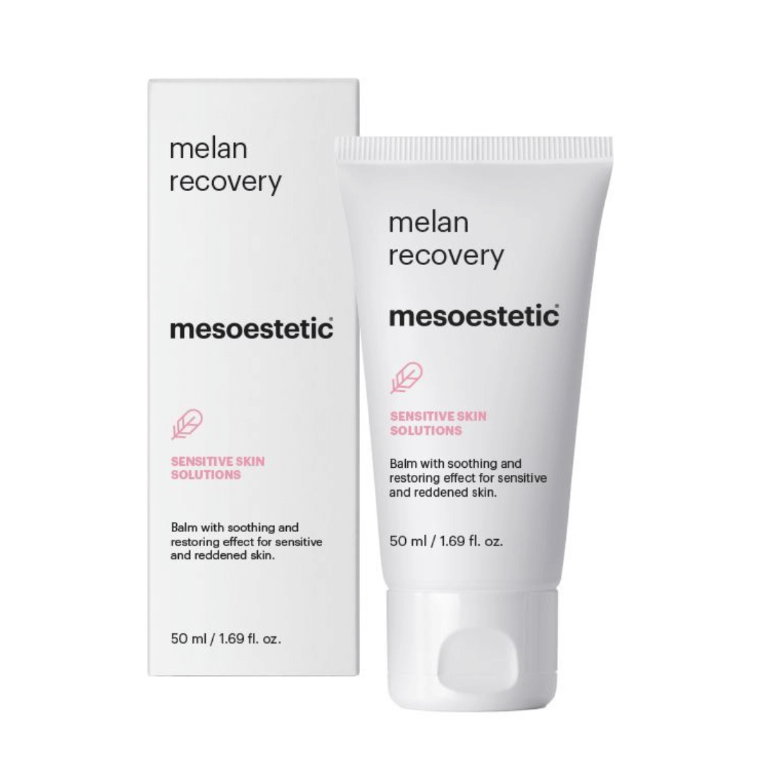 Mesoestetic Melan Recovery 50ml, soothing balm with packaging, relieves redness and strengthens skin's defenses.