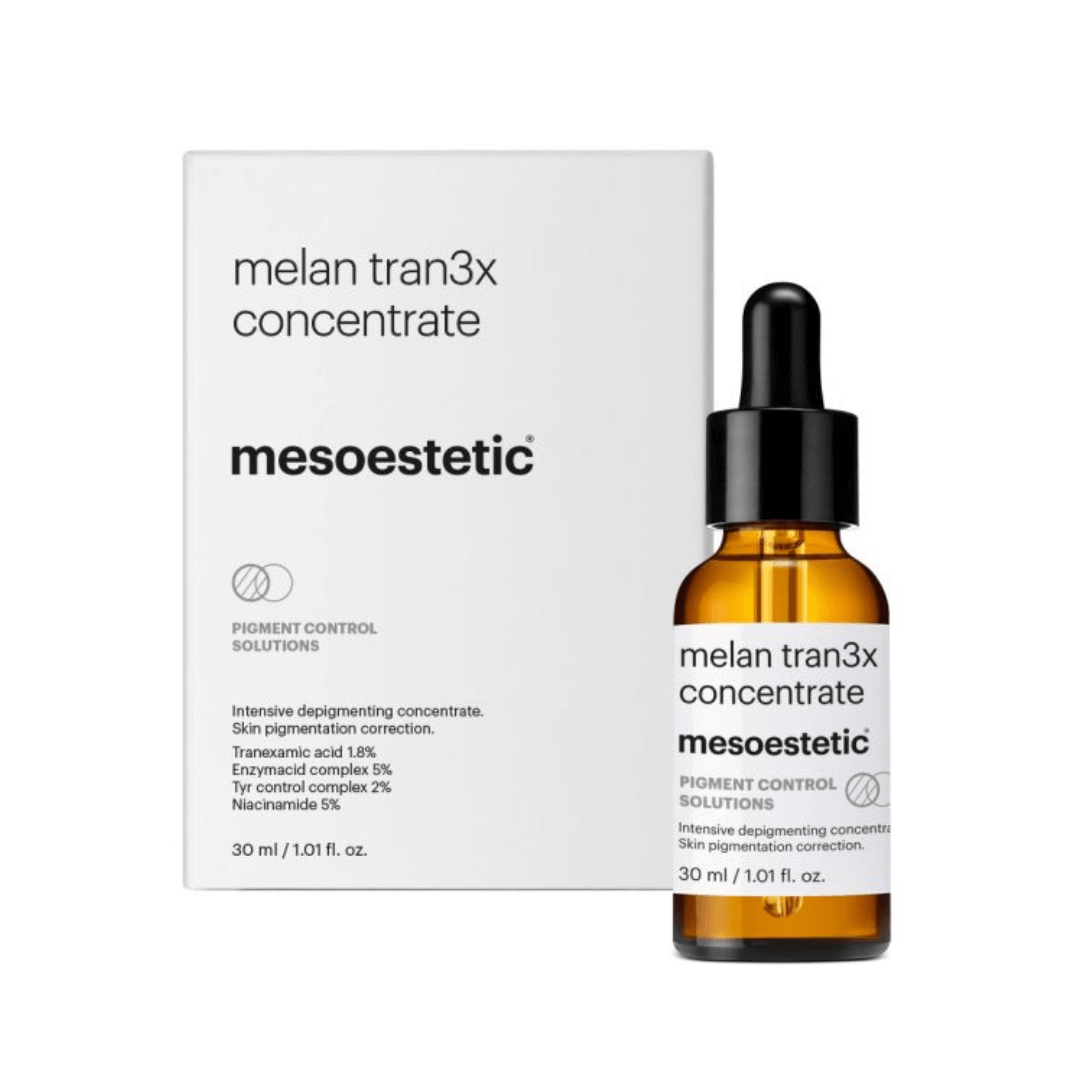 Mesoestetic Melan Tran3x Concentrate with packaging, 30ml, targets dark spots and uneven skin tone.