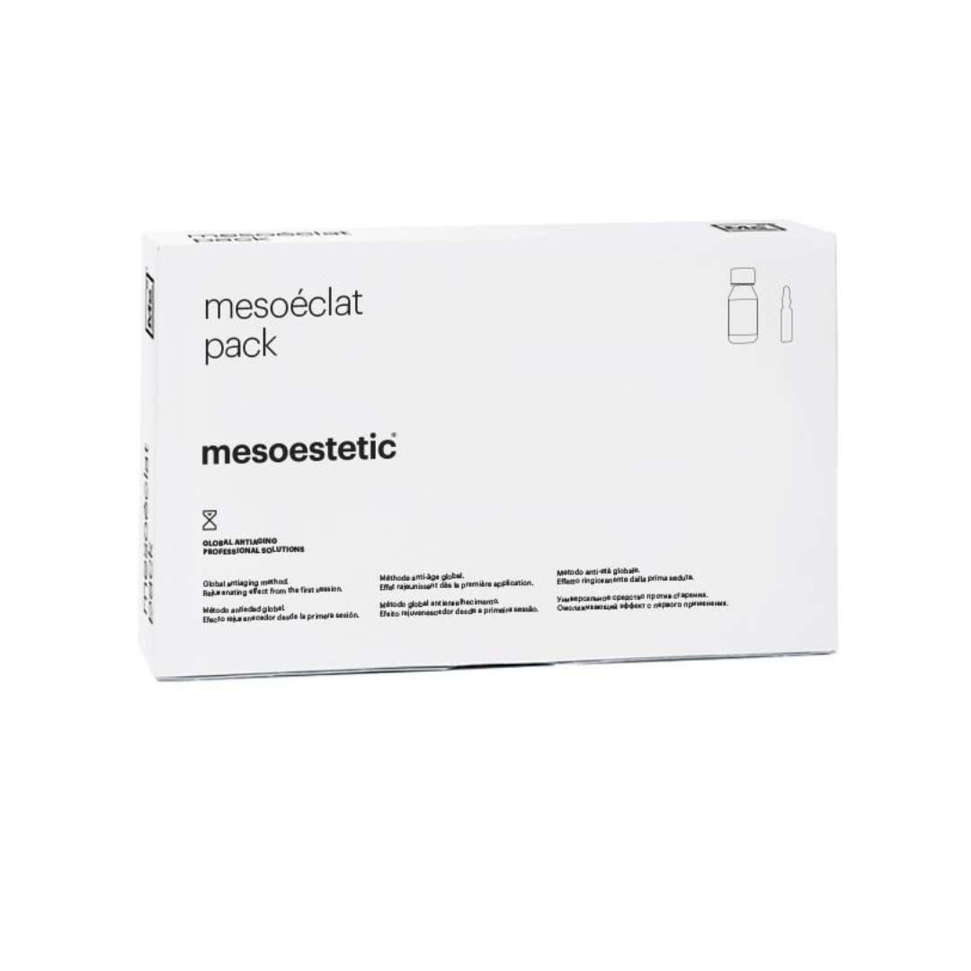 Mesoestetic Mesoeclat Pack in a sleek white box, emphasizing a clean and clinical aesthetic, designed for professional skin rejuvenation treatments.