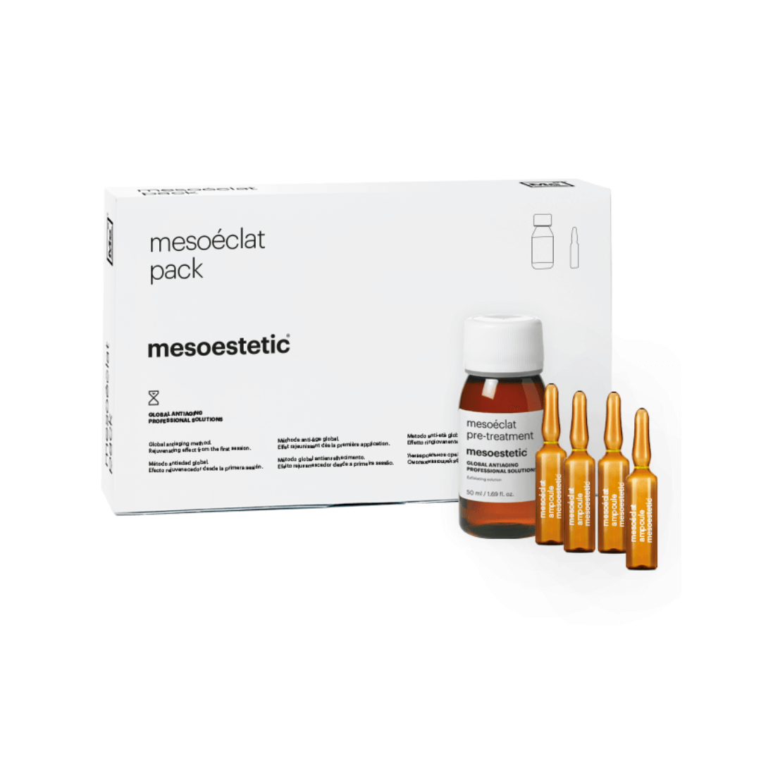 Contents of Mesoestetic Mesoeclat Pack showing vials and a pre-treatment solution bottle.