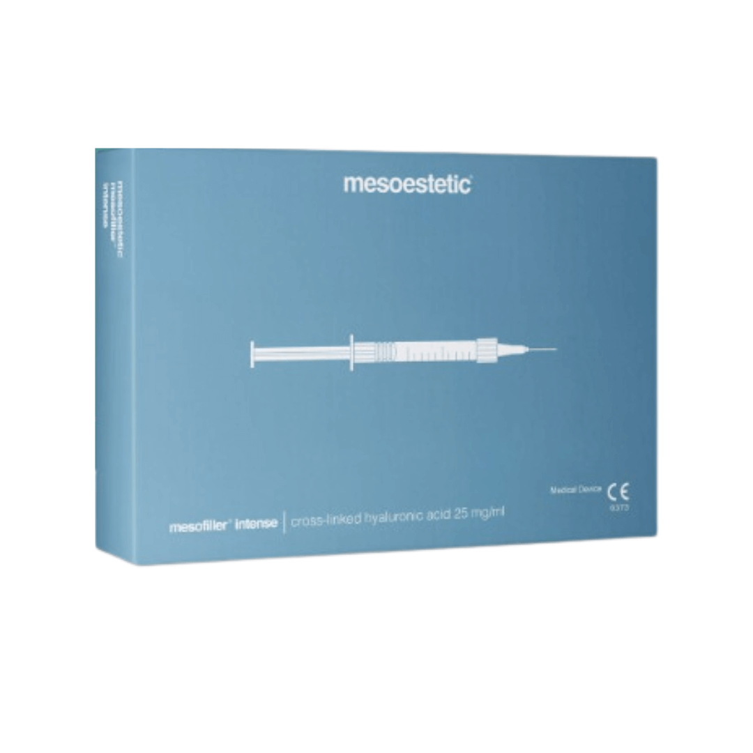 Mesoestetic Mesofiller Intense packaging showing product box with details on cross-linked hyaluronic acid for facial rejuvenation and deep wrinkles correction.