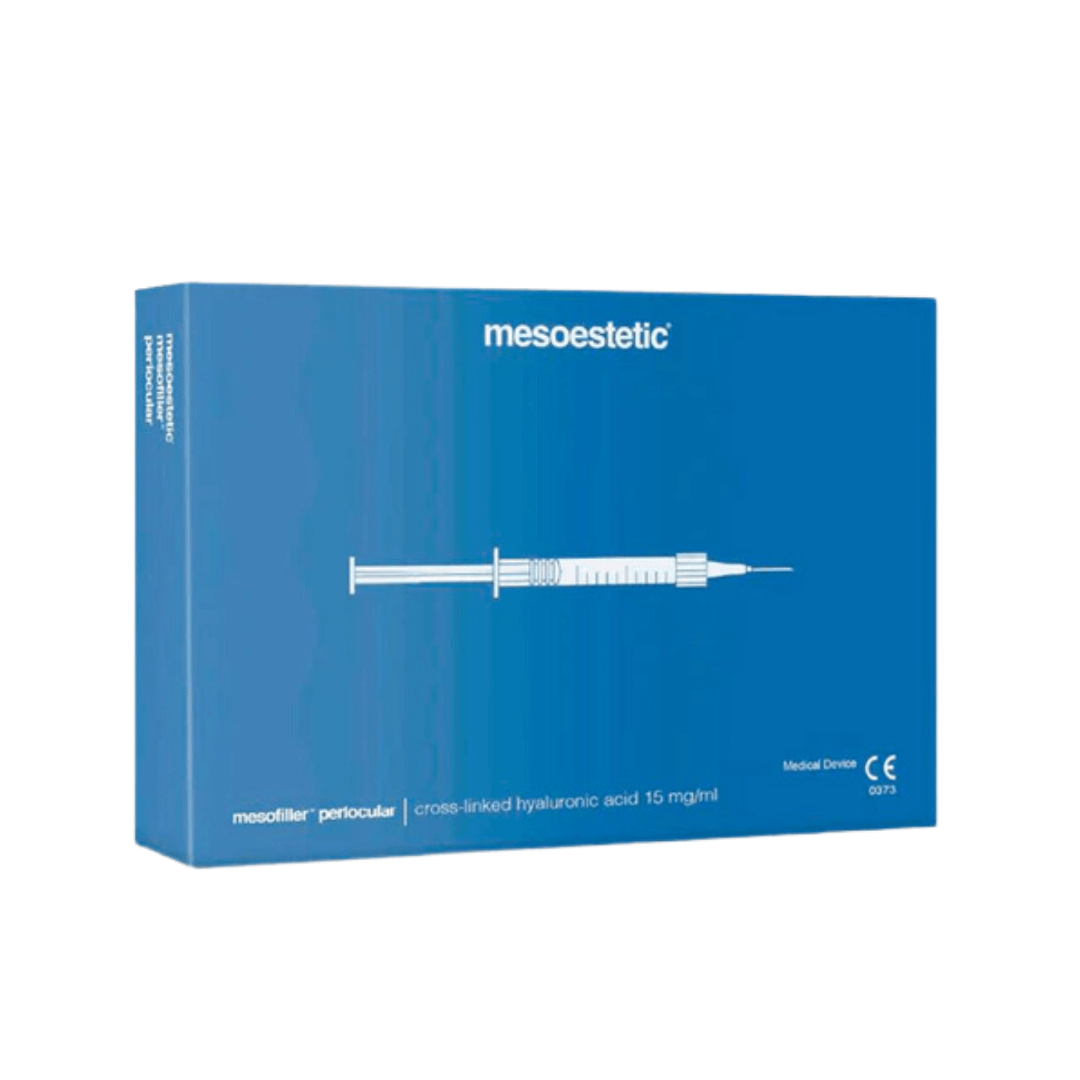 Mesoestetic Mesofiller Periocular box with 1ml syringe, contains 15 mg/ml hyaluronic acid for periocular treatment.