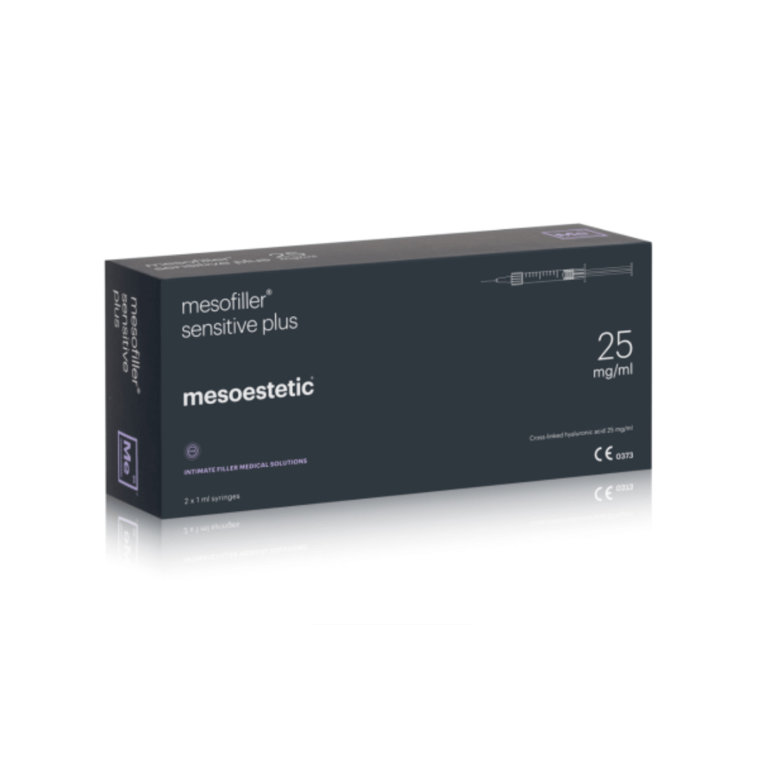 Mesoestetic Mesofiller Sensitive Plus box, 2 syringes with 25 mg/ml hyaluronic acid for dermal filling, specifically designed for sensitive areas.