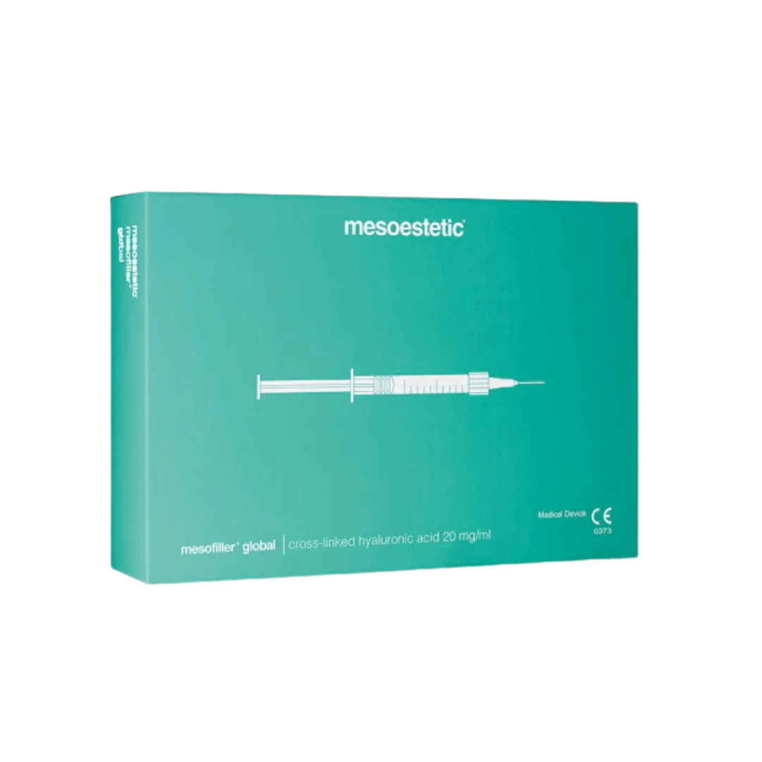 Mesoestetic Mesofiller global packaging featuring a syringe, highlighting its cross-linked hyaluronic acid formula for medium wrinkles and lip enhancements.