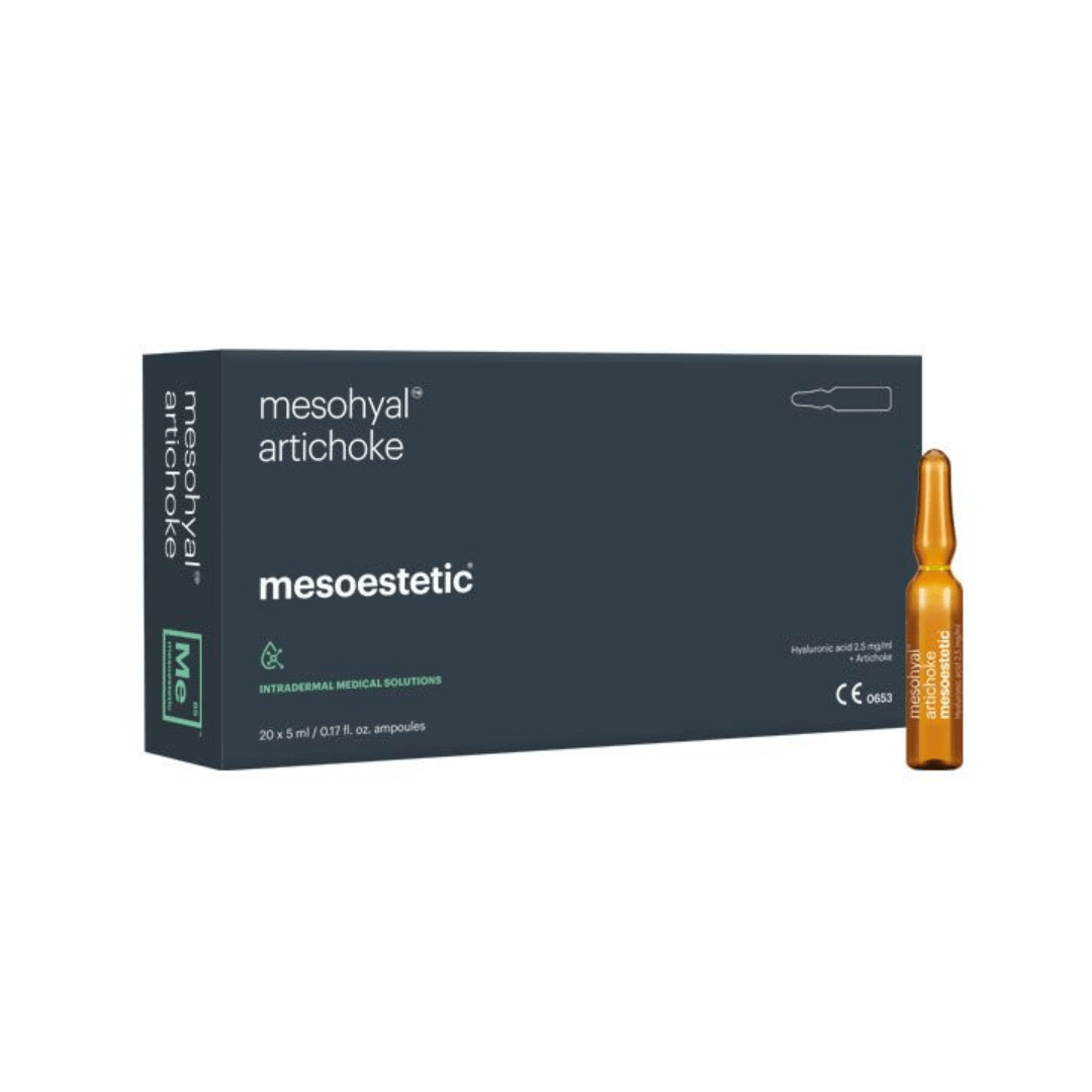 Mesoestetic Mesohyal Artichoke box with 20 vials and one vial close-up, for cellulite treatment with artichoke extract and hyaluronic acid.