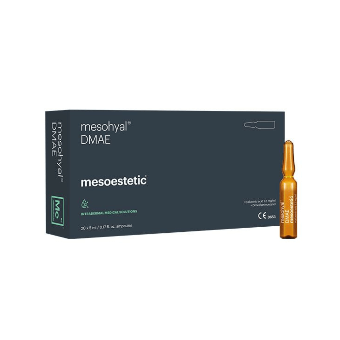 Mesoestetic Mesohyal DMAE box with a single ampoule, designed for skin firmness and combatting sagging.