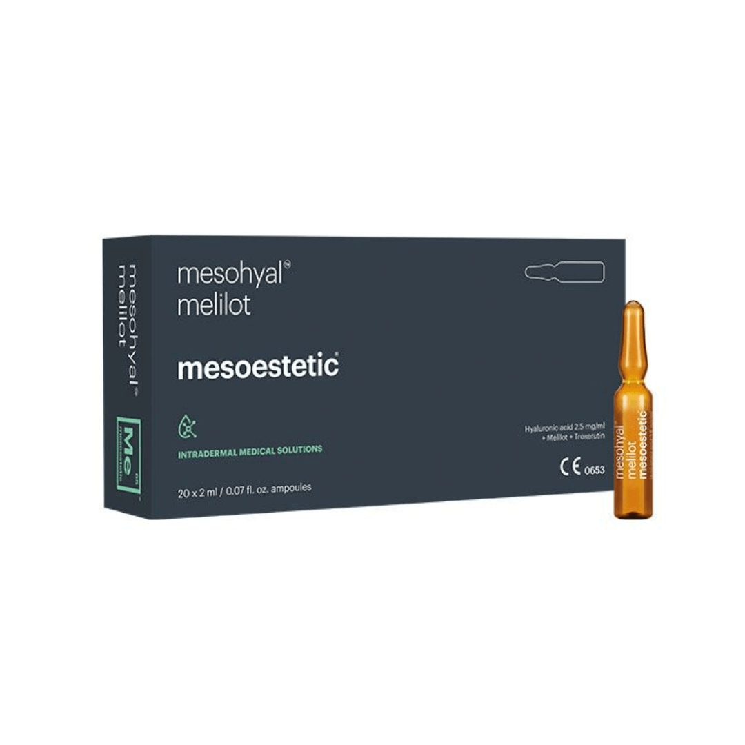 Mesoestetic Mesohyal Melilot (20 X 2ML) box with an ampoule next to it. Designed for improving the appearance of dimpled skin and firmness.