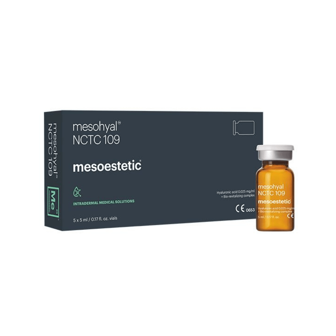 Mesoestetic Mesohyal NCTC 109 packaging with five 5ml vials for intradermal medical solutions containing hyaluronic acid and biorevitalizing complex.